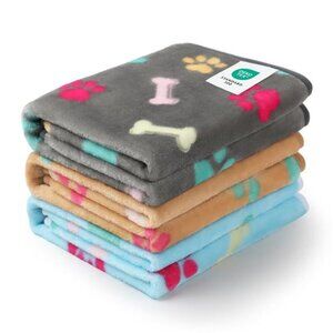 Fluffy Pet Blanket Set 3 Pack Paw Print Fleece Throw Soft Cozy Dog Cat Bedding